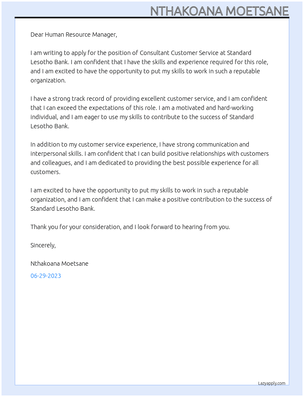 Consultant customer service At Standard Lesotho Bank Cover Letter