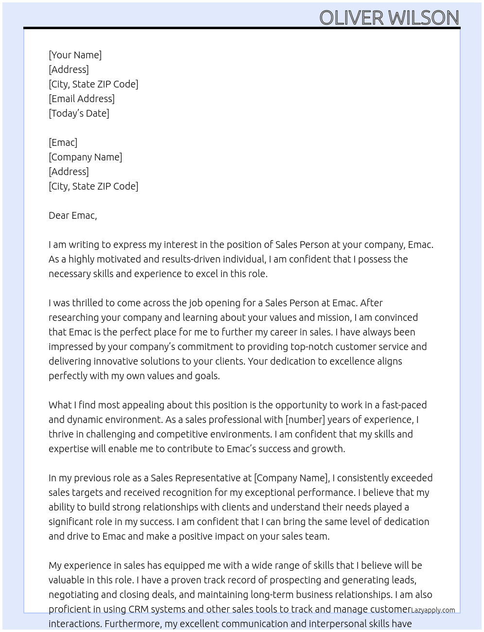 Sales Person At Emac Cover Letter