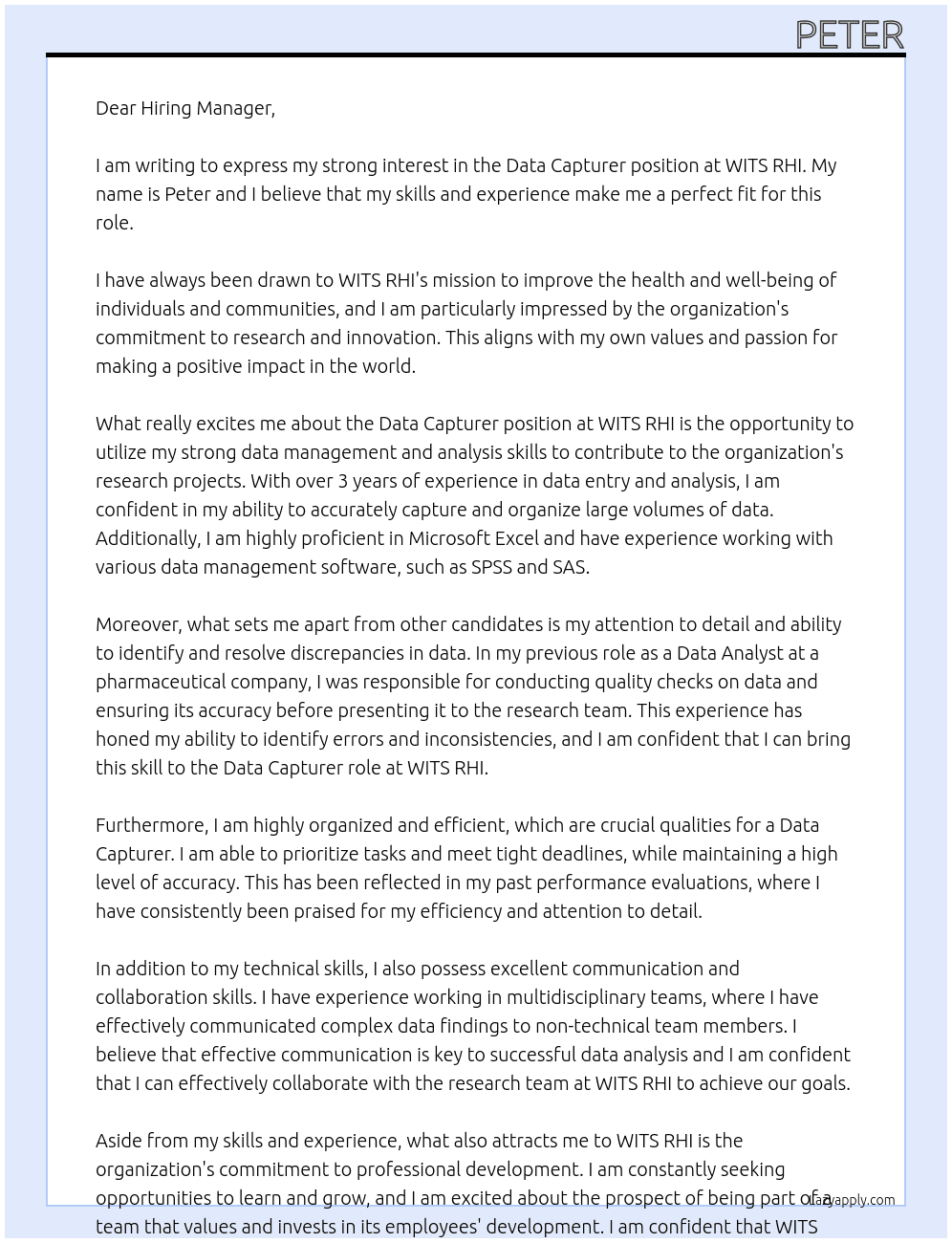 Data capturer At WITS RHI Cover Letter