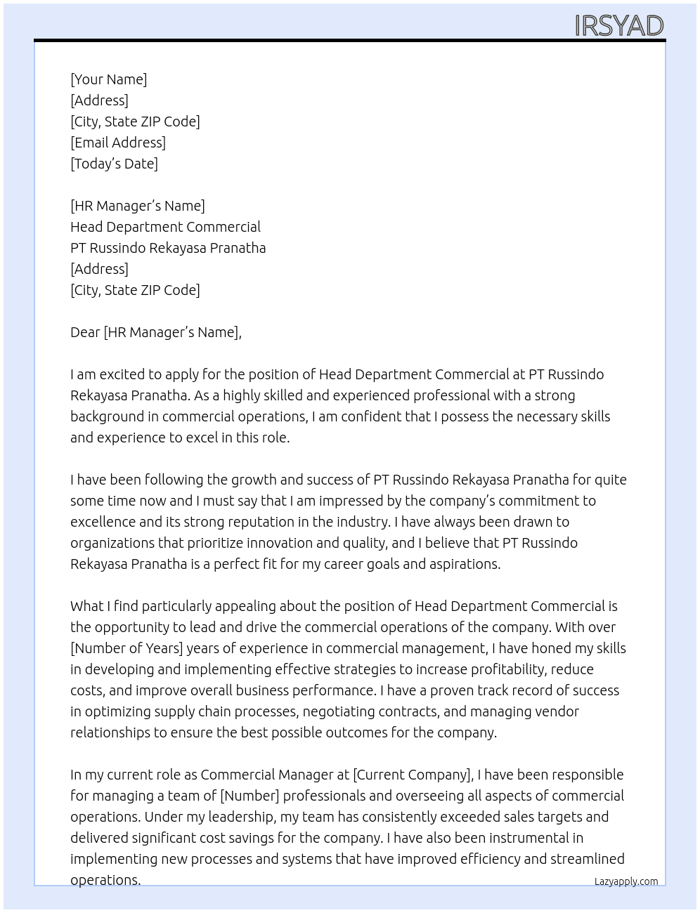 head department commercial At PT Russindo Rekayasa Pranatha Cover Letter