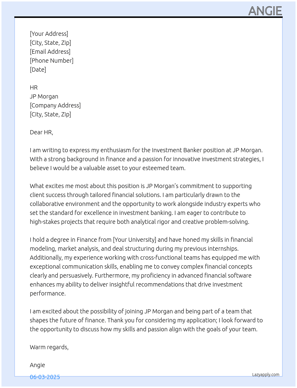 investment banker At JP Morgan Cover Letter