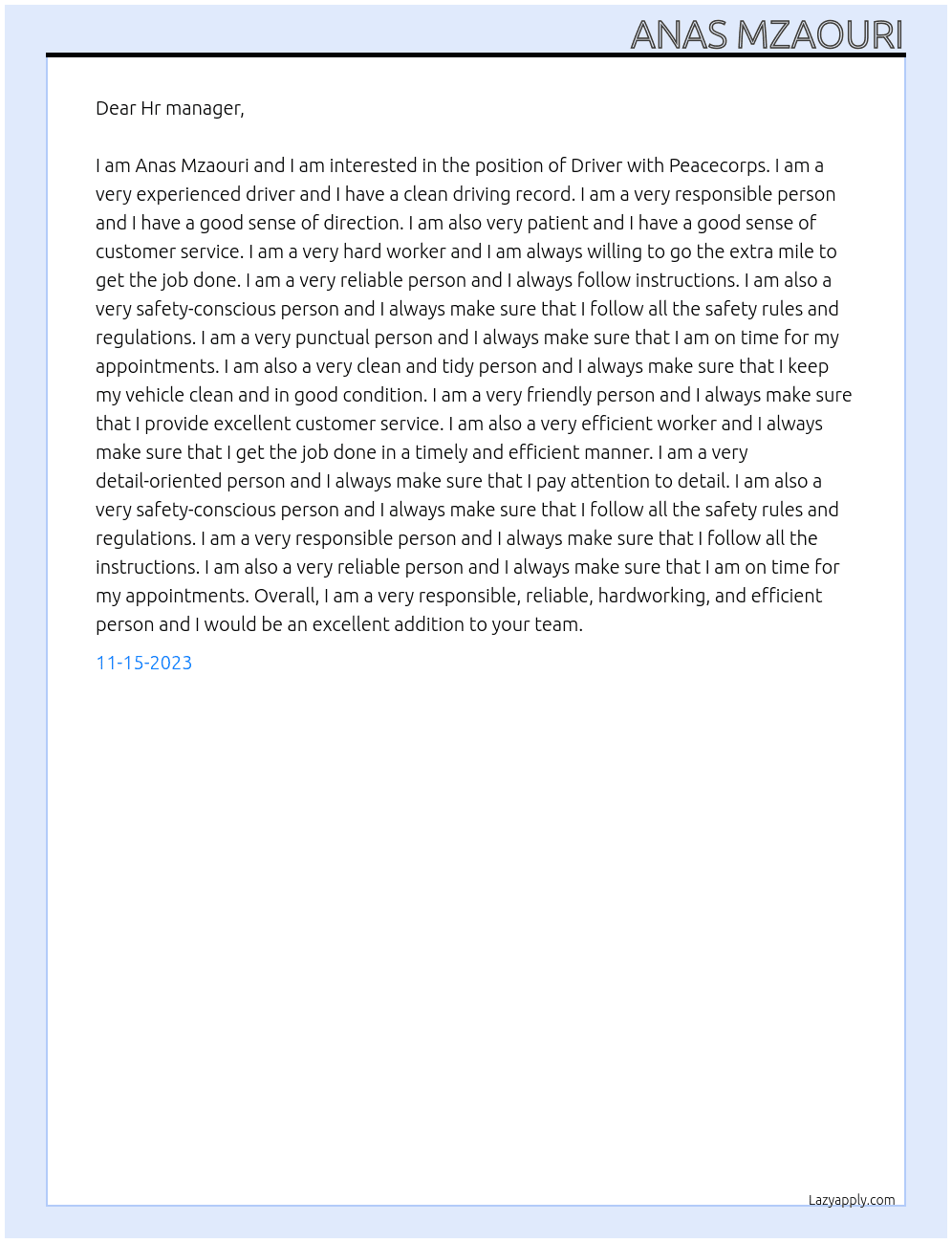 Driver  At Peacecorps Cover Letter