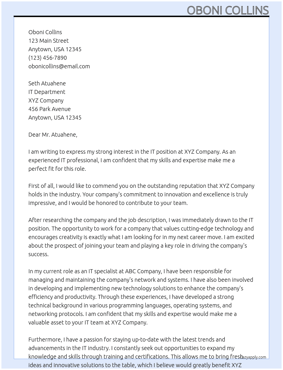 IT At Seth Atuahene  Cover Letter