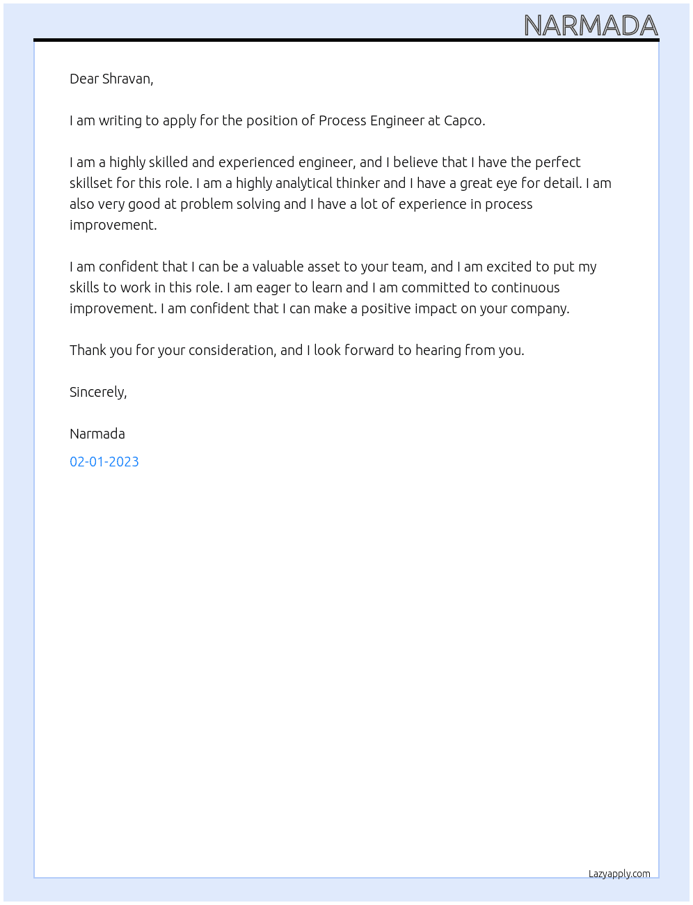 Process Engineer At Capco Cover Letter