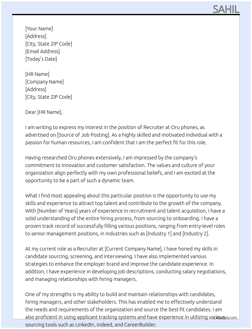 Recruiter  At Oru phones Cover Letter