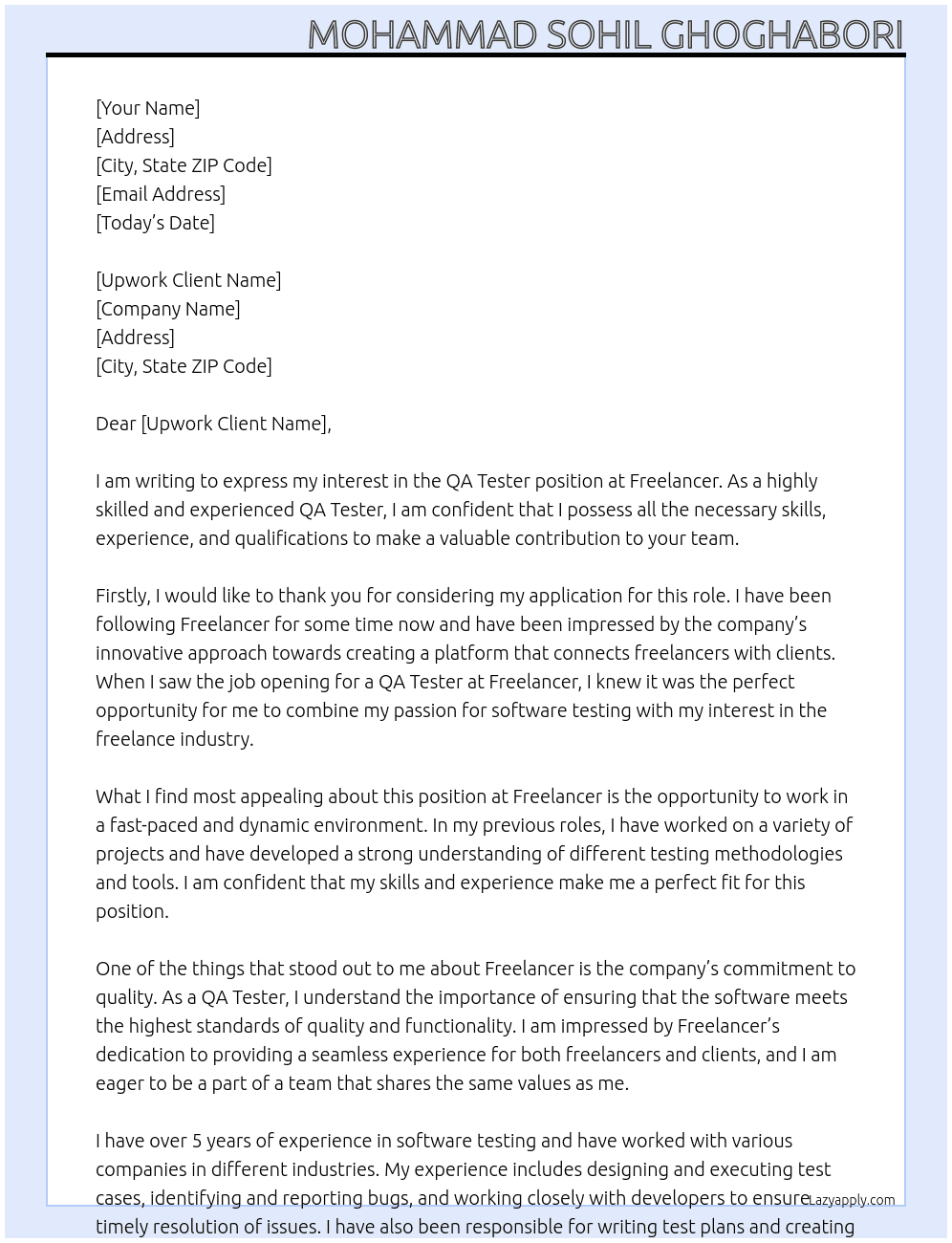 QA Tester At Freelancer Cover Letter
