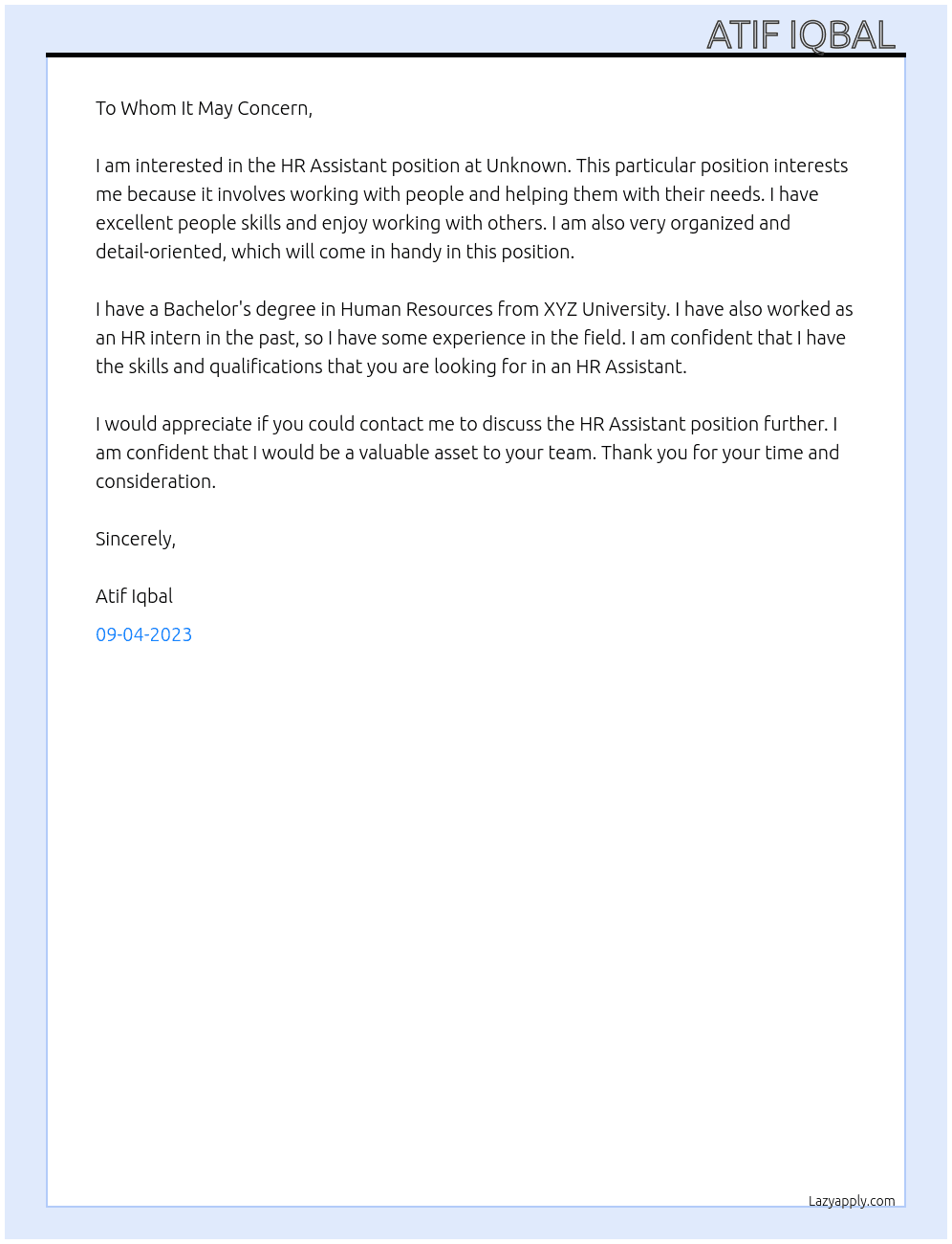 HR Assistant  At Unknown  Cover Letter