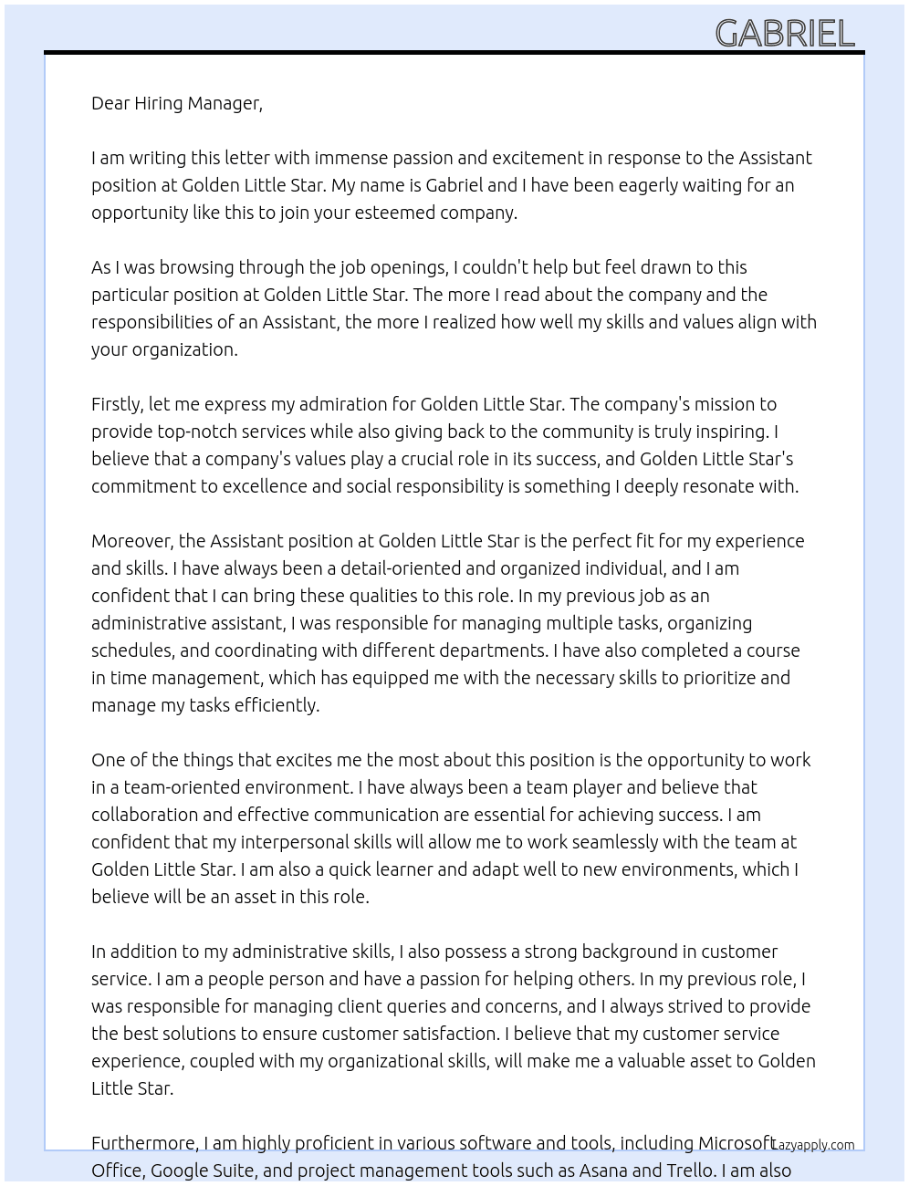 Assistant  At Golden Little Star Cover Letter