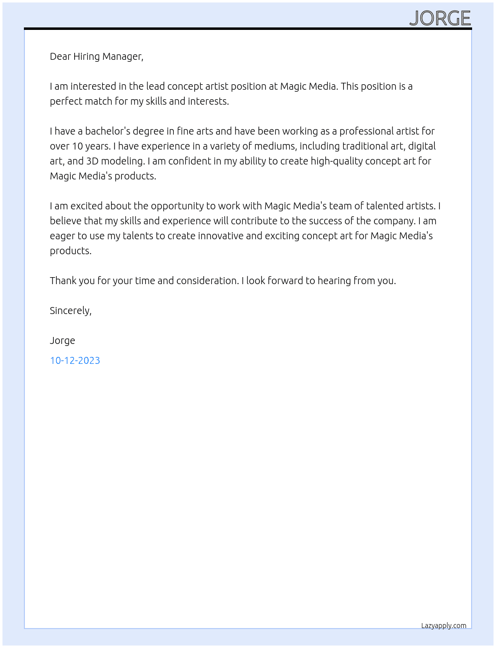 lead concept artist At magic media Cover Letter