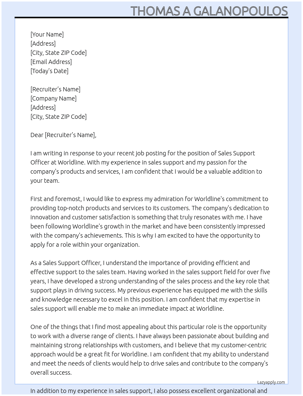 Sales Support Officer At Worldline Cover Letter