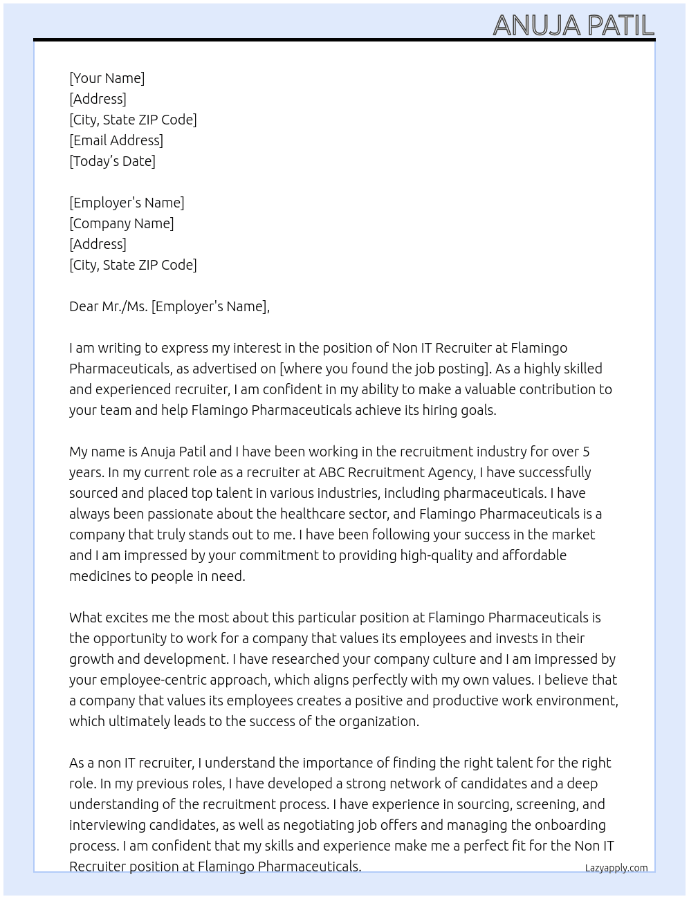 non it recruiter At Flamingo Pharmaceuticals Cover Letter
