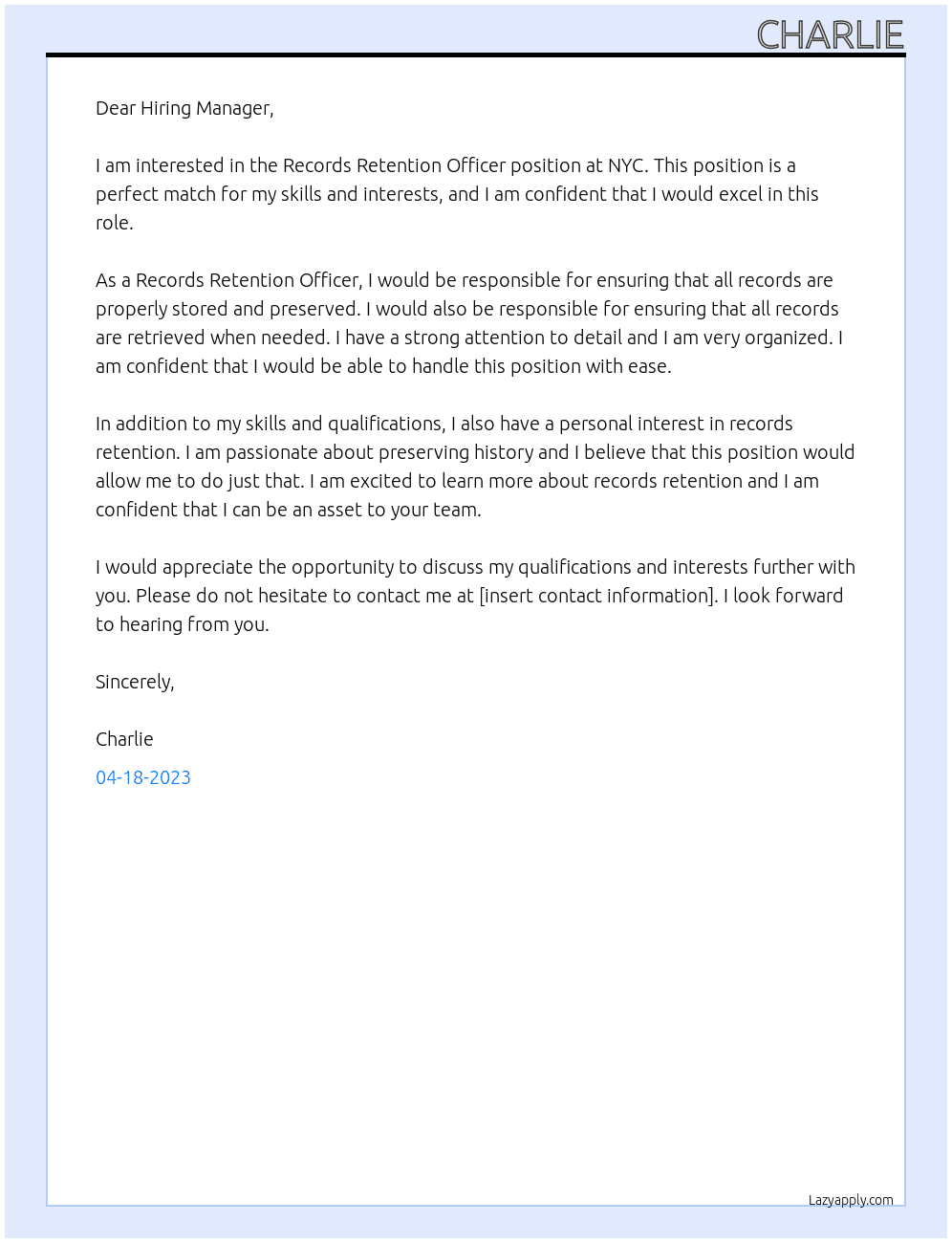Records Retention Officer At NYC Cover Letter