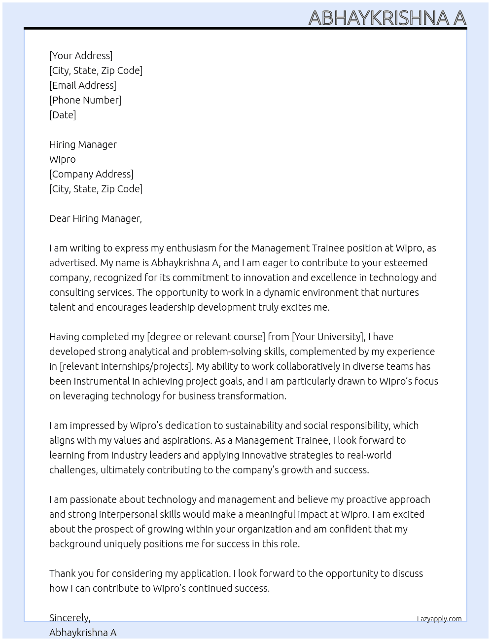 management trainee At wipro Cover Letter