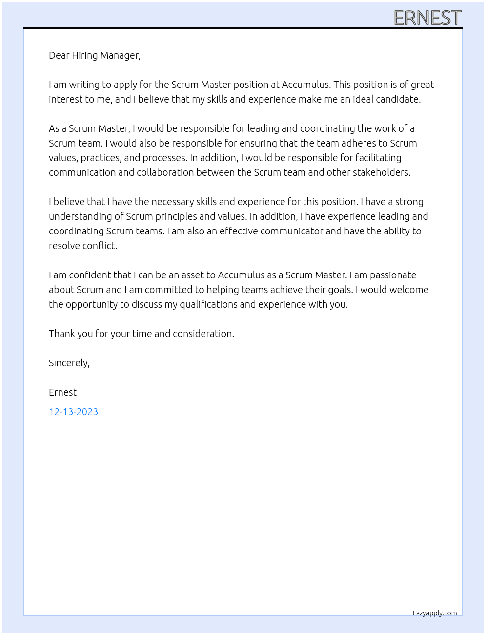 Scrum Master At Accumulus Cover Letter
