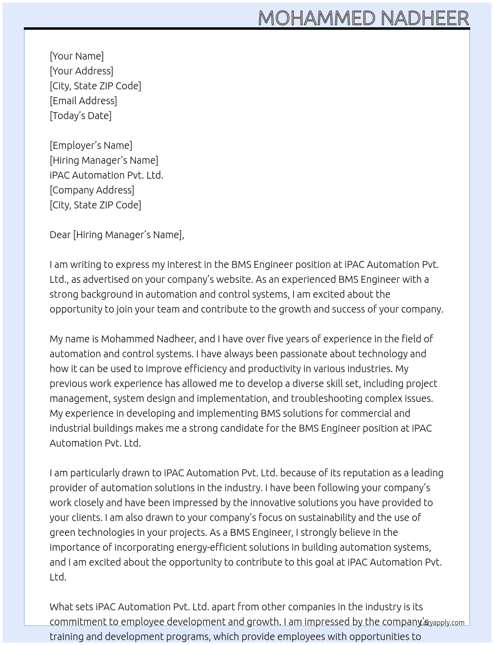 BMS Engineer At  iPAC Automation Pvt. Ltd. Cover Letter