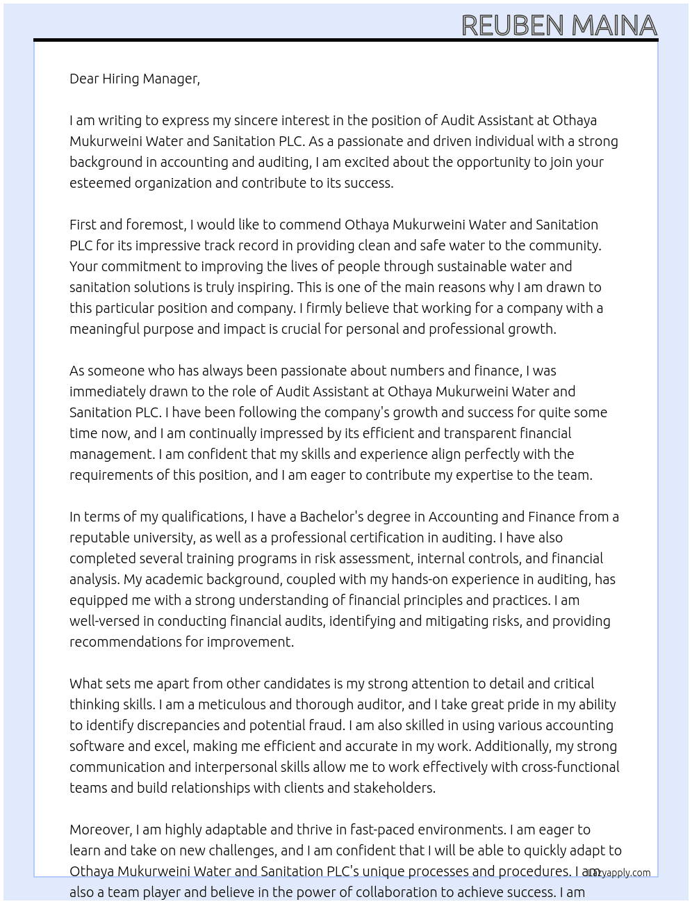 AUDIT ASSISTANT At OTHAYA MUKURWEINI WATER AND SANITATION PLC Cover Letter