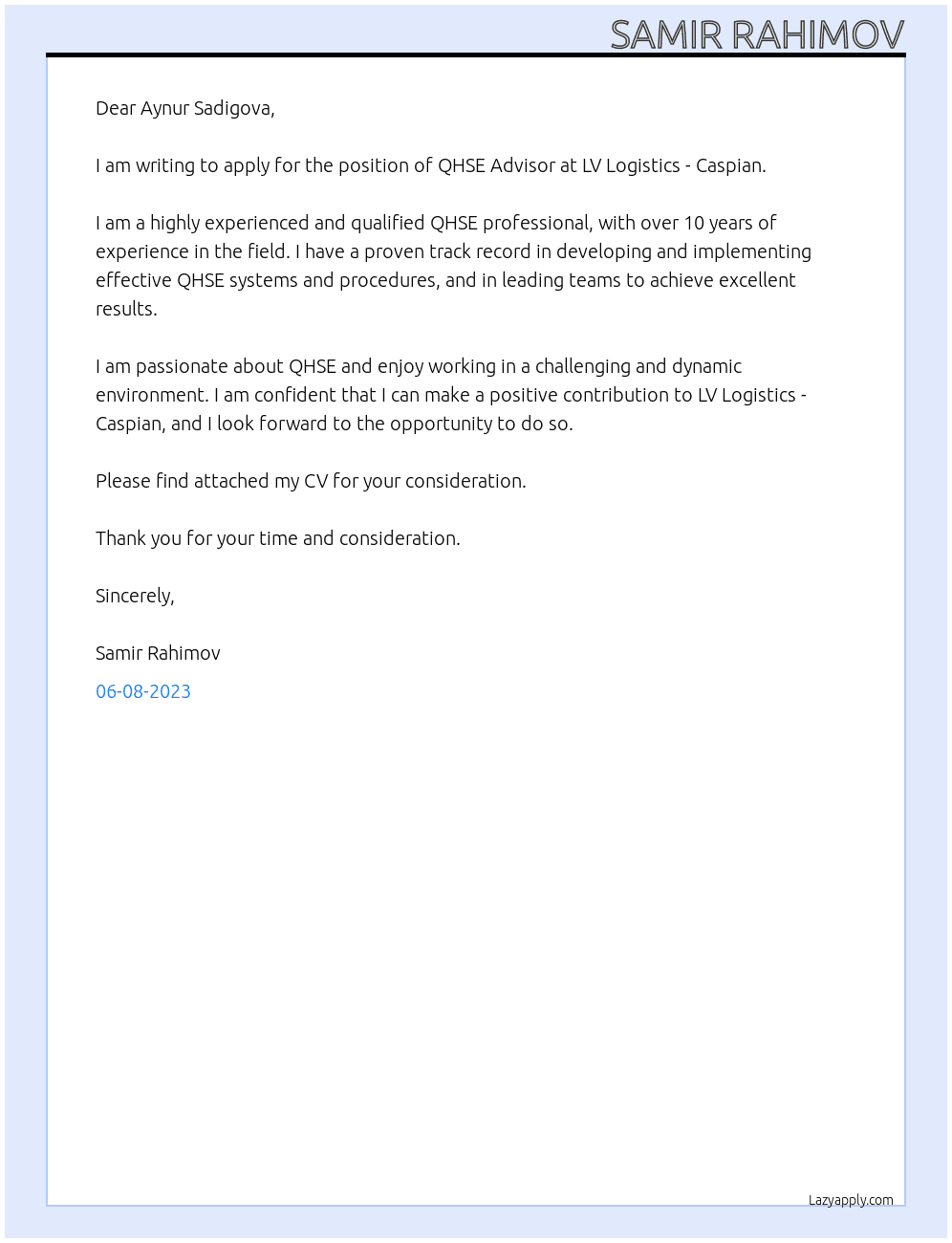 QHSE Advisor At LV Logistics - Caspian Cover Letter