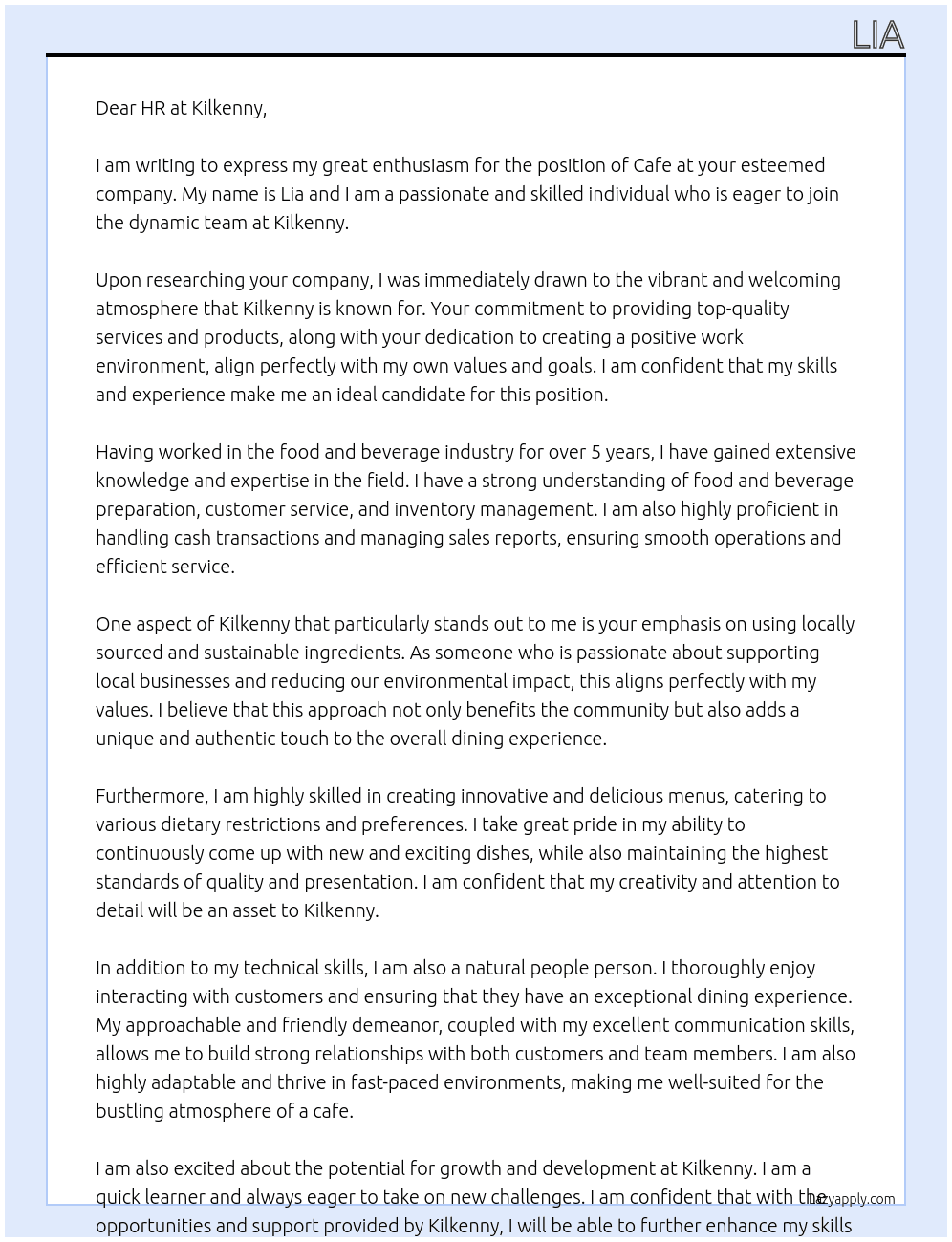 Cafe At Kilkenny Cover Letter