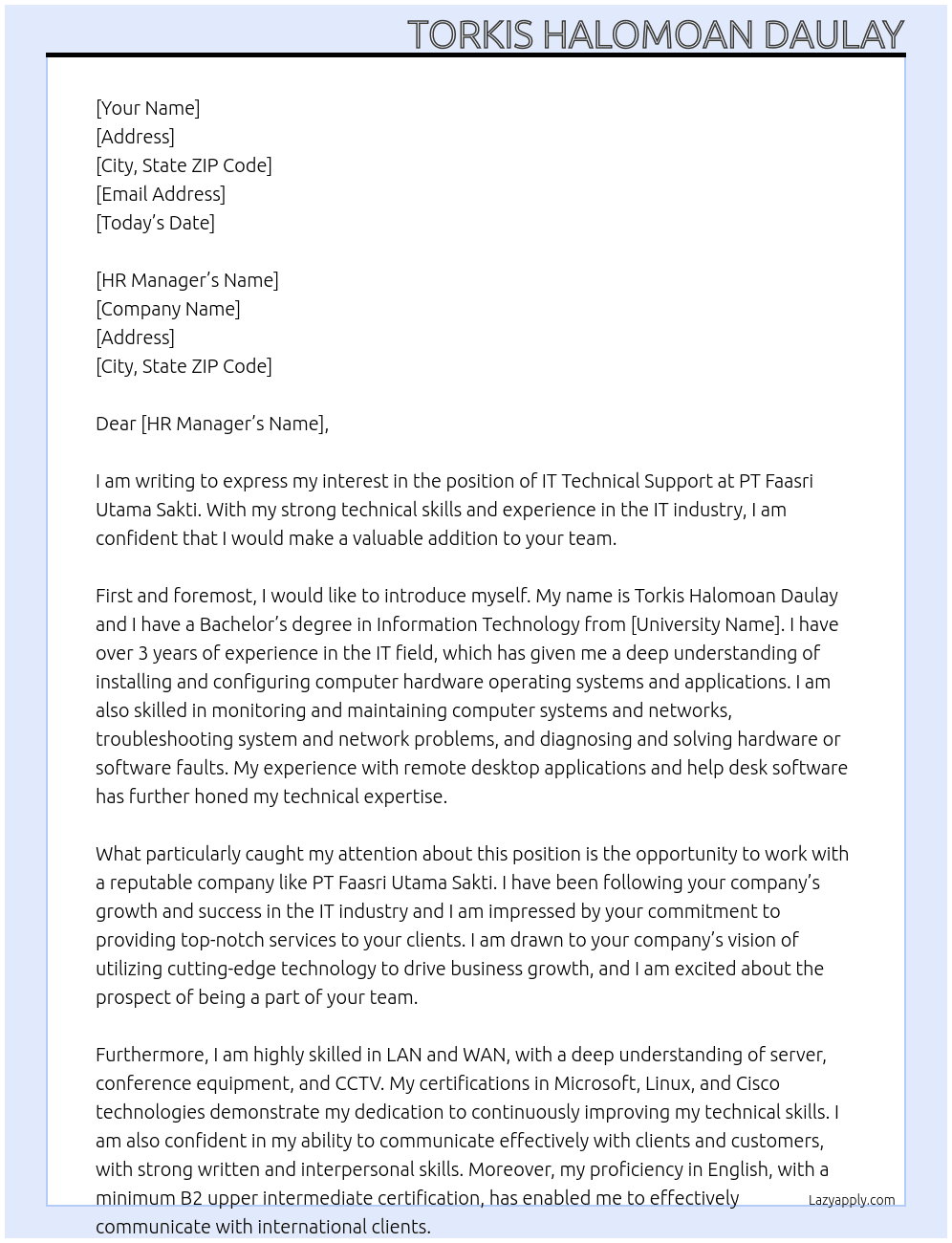 IT Technical Support At PT Faasri Utama Sakti Cover Letter