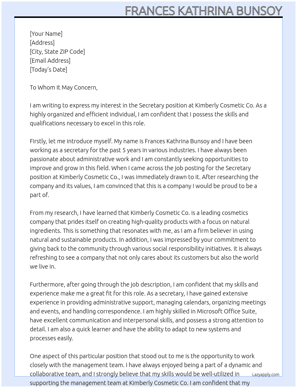 Secretary At Kimberly Cosmetic Co. Cover Letter