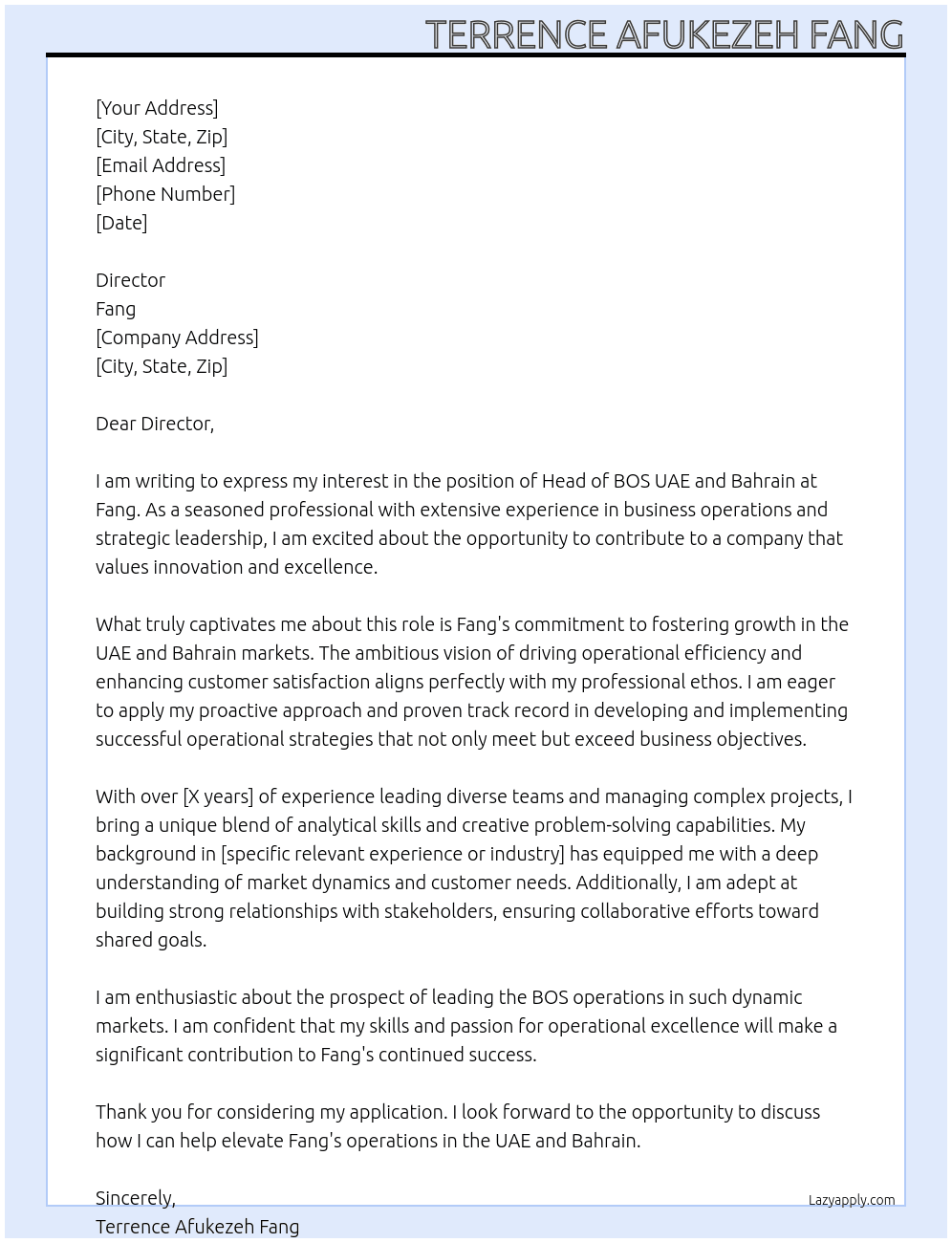 Head of BOS UAE and Barhain At Fang Cover Letter