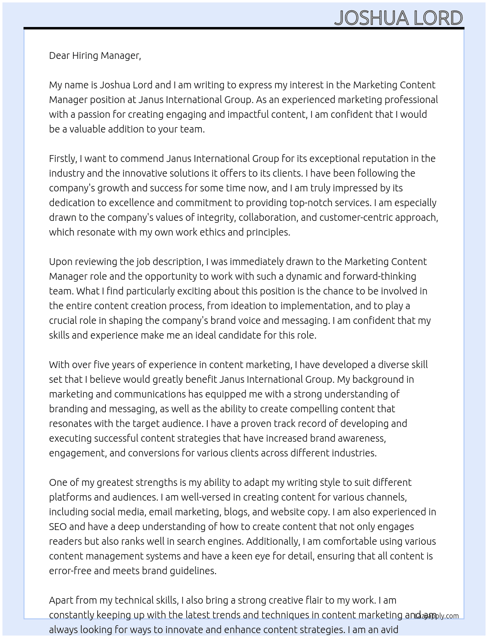 Marketing Content Manager At Janus International Group Cover Letter