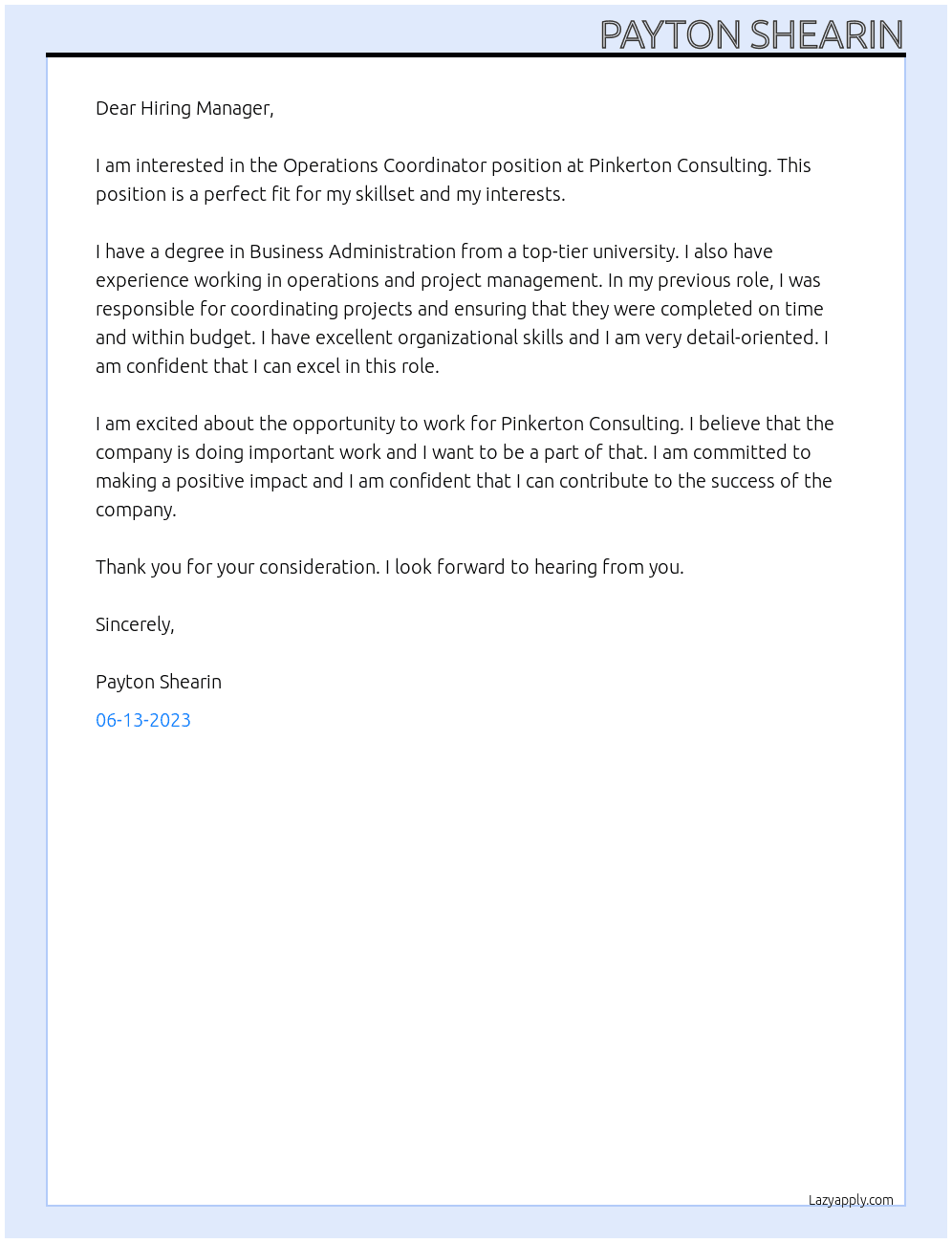 Operations Coordinator At Pinkerton consulting Cover Letter
