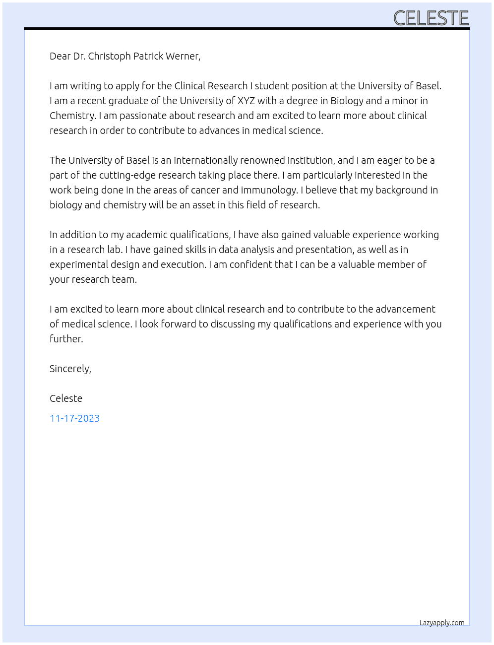 Clinical Research I student At University of Basel Cover Letter