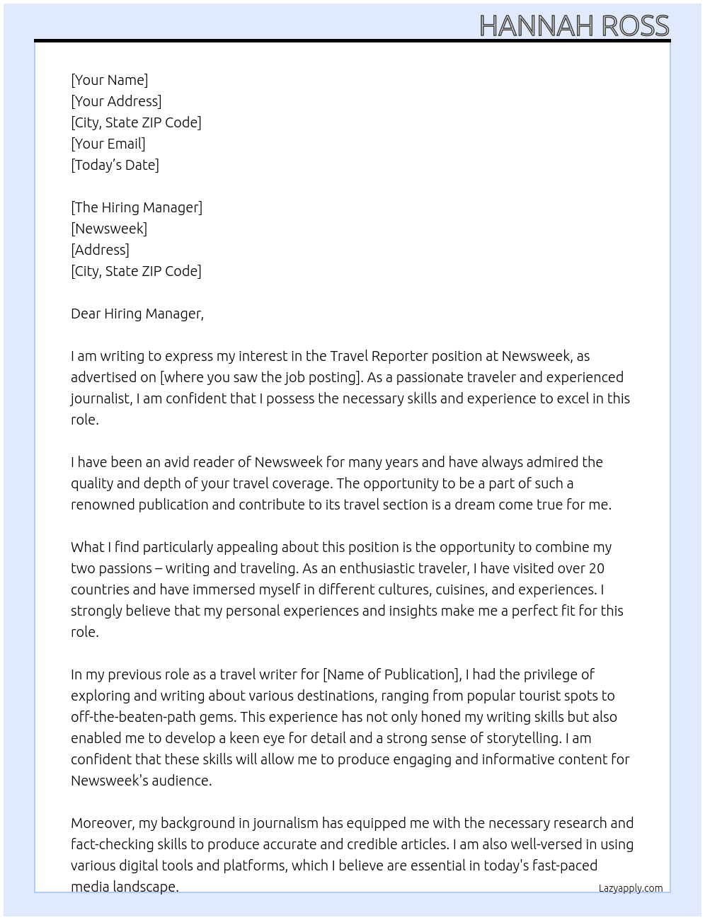Travel Reporter At Newsweek Cover Letter
