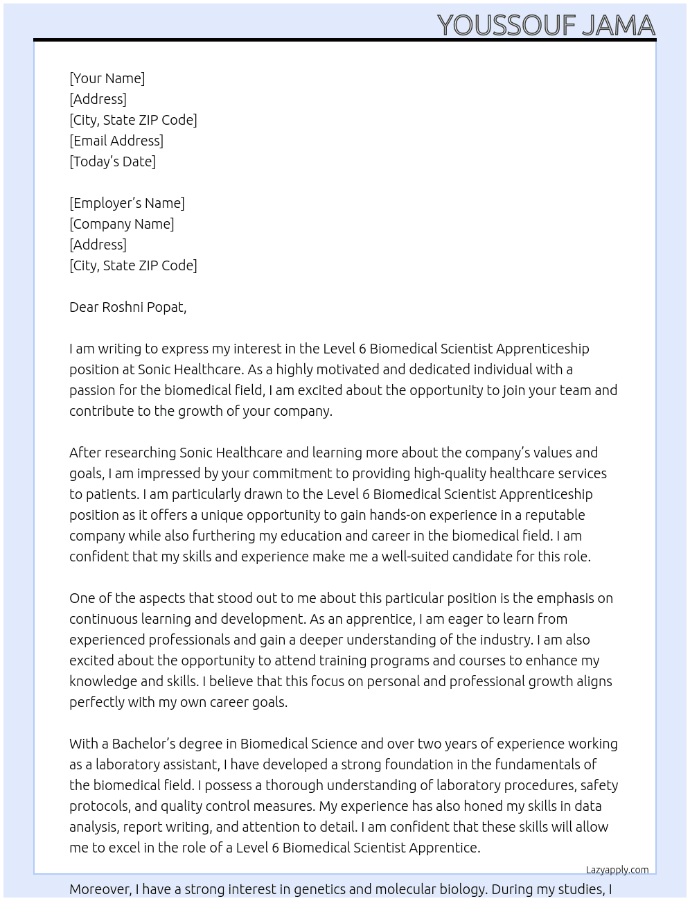 Level 6 Biomedical Scientist Apprenticeship At Sonic Healthcare Cover Letter