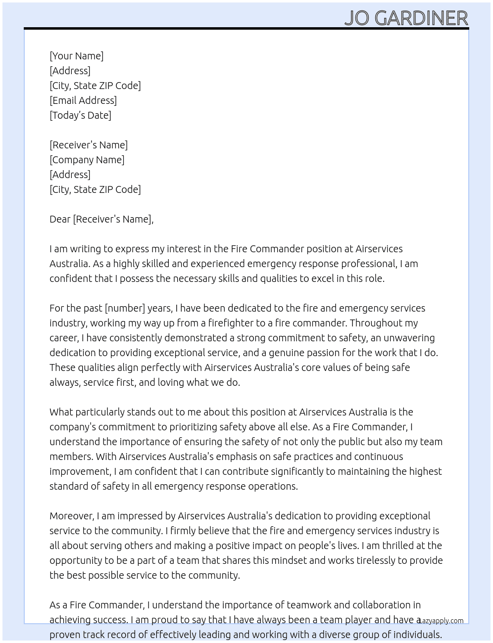 Fire commander At airservices australua Cover Letter