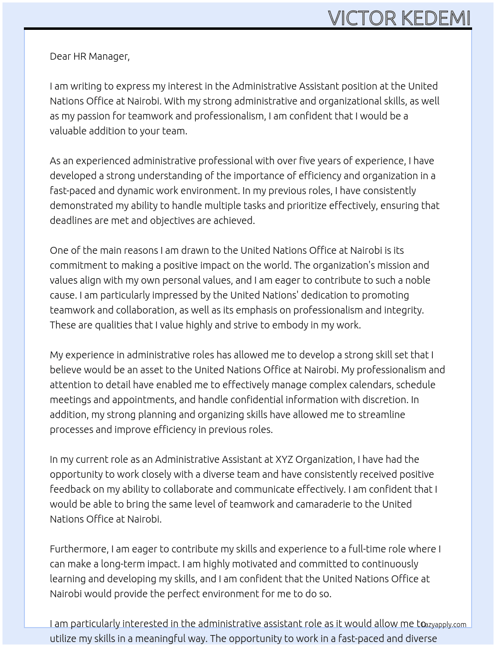ADMINISTRATIVE ASSISTANT At United Nations Office at Nairobi Cover Letter