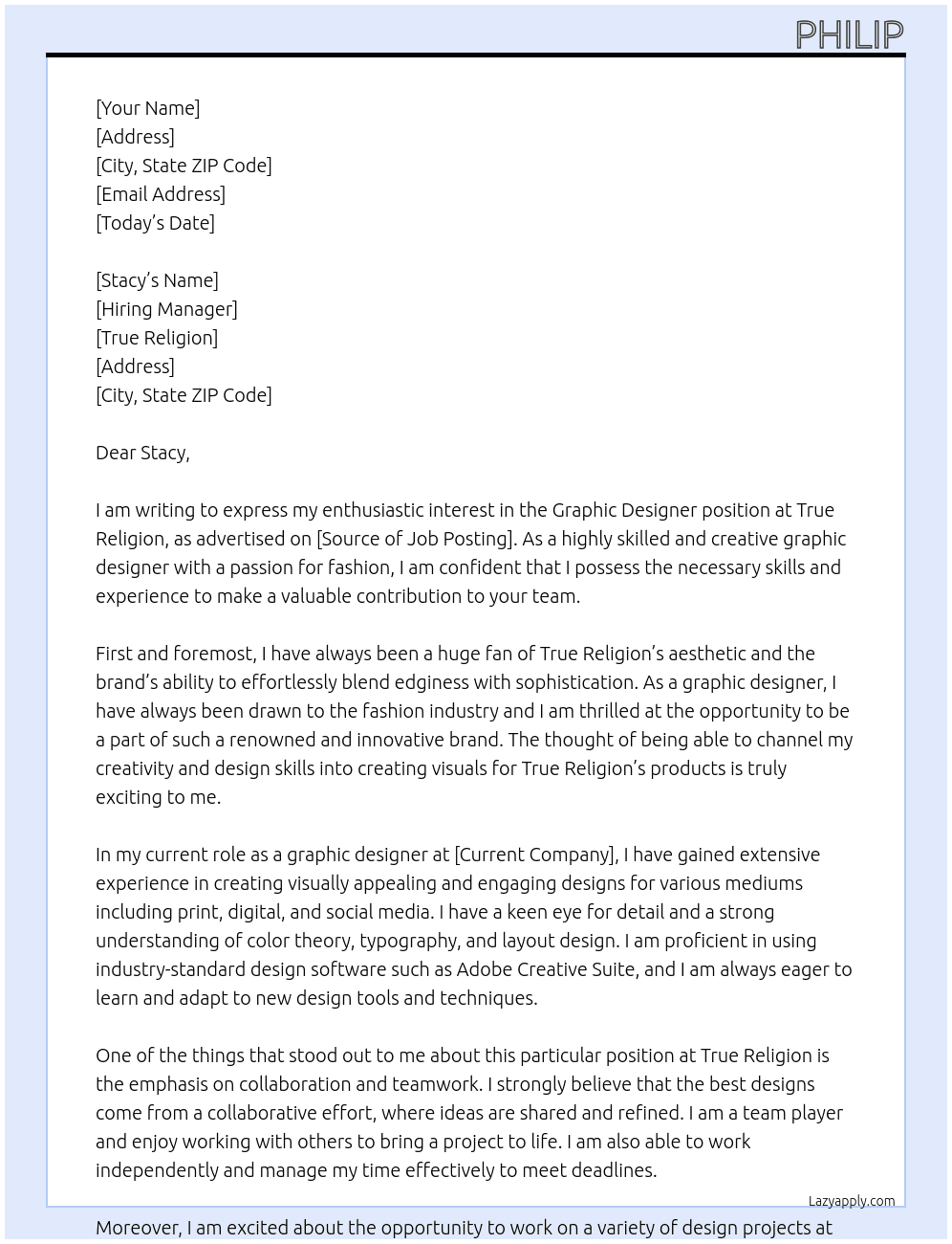 graphic designer At true religion Cover Letter