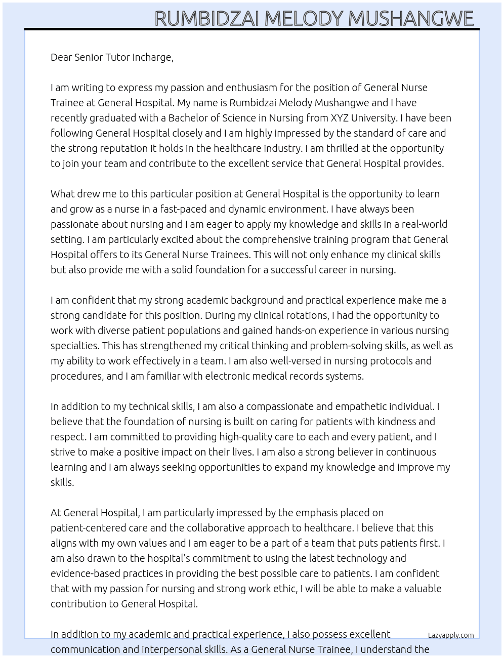 General nurse trainee  At General hospital  Cover Letter