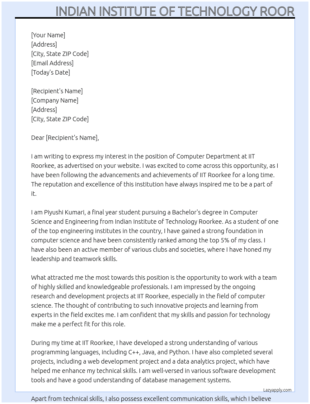 Computer Department  At Intern selection for IIT Roorkee  Cover Letter