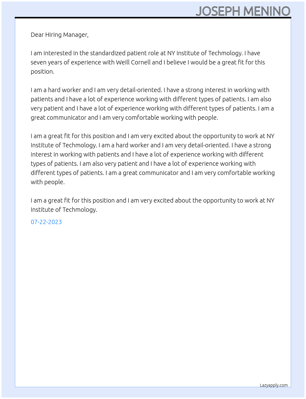 standardized patient At NY Institute of Techmology Cover Letter