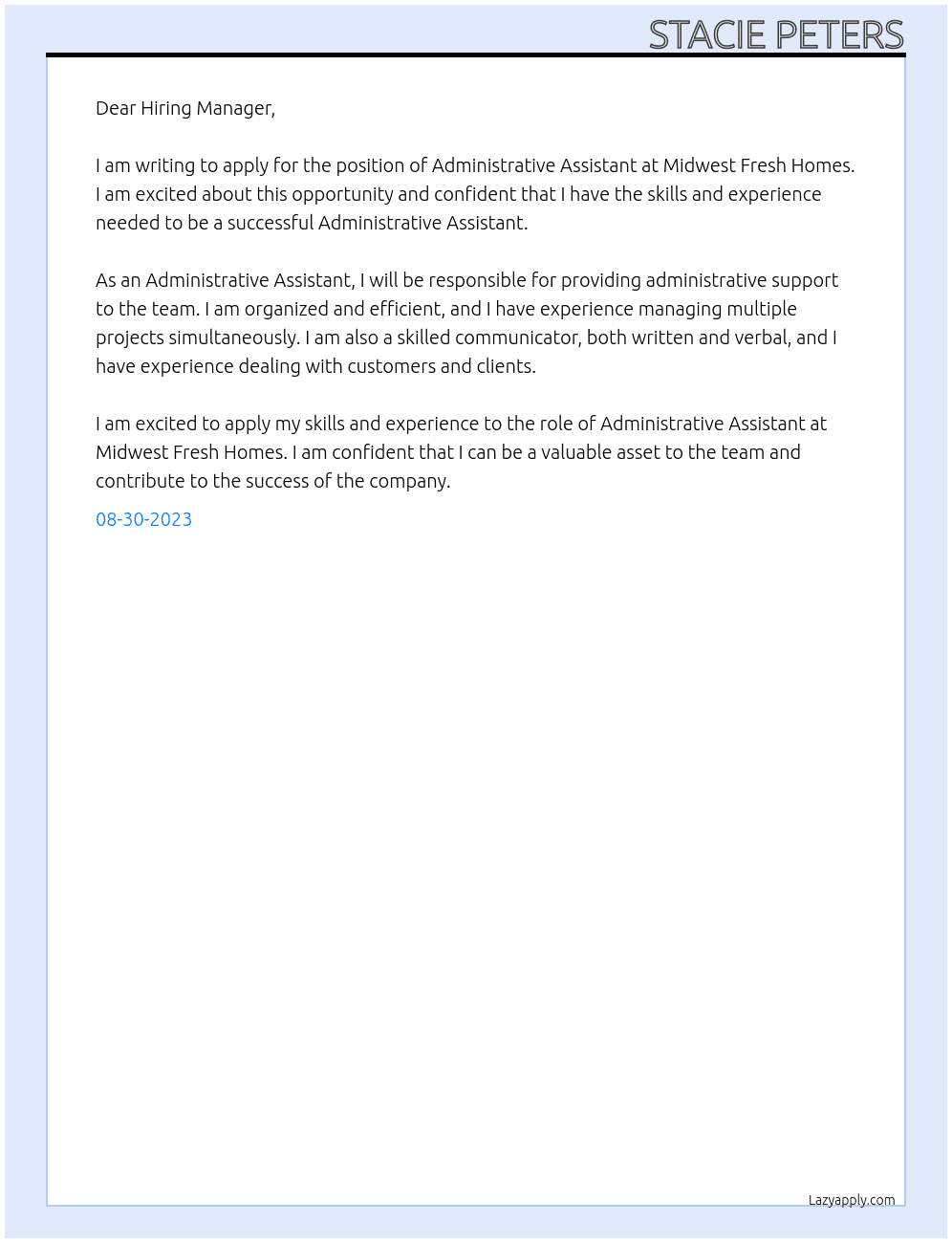 Administrative Assistant  At Midwest Fresh Homes Cover Letter