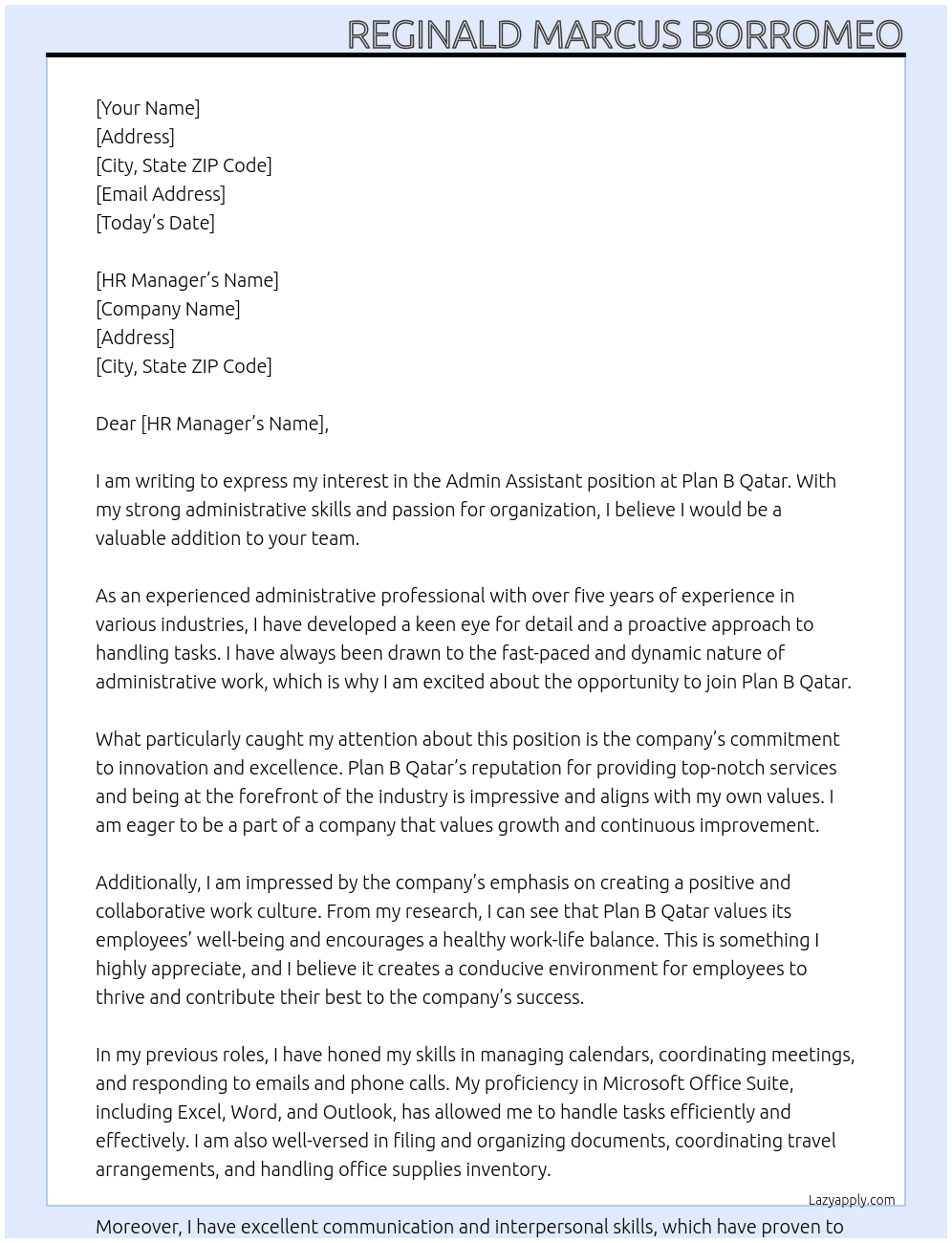 Admin Assistant At Plan B Qatar Cover Letter