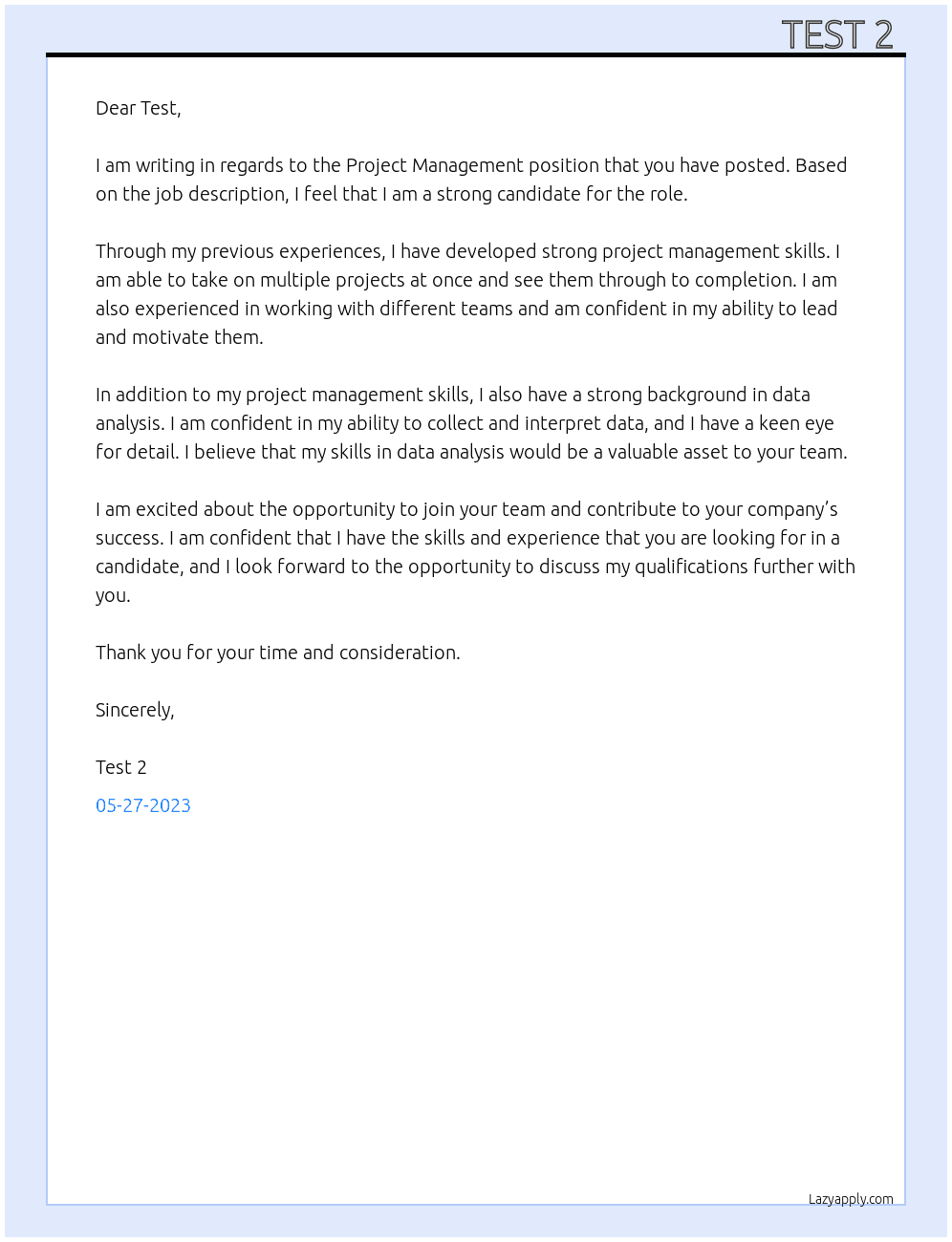 Project Management  At Test Cover Letter