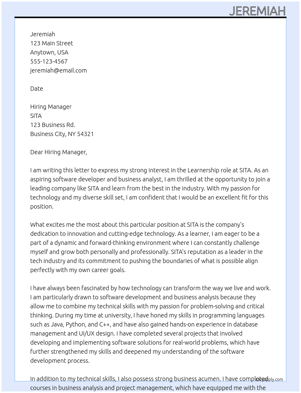 Learnership  At SITA Cover Letter
