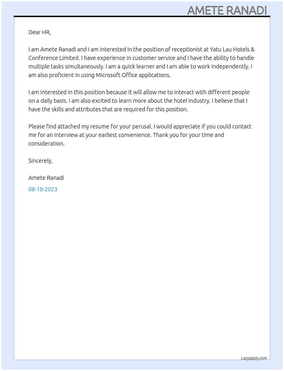 Receptionist  At Yatu Lau Hotels & Conference Limited  Cover Letter