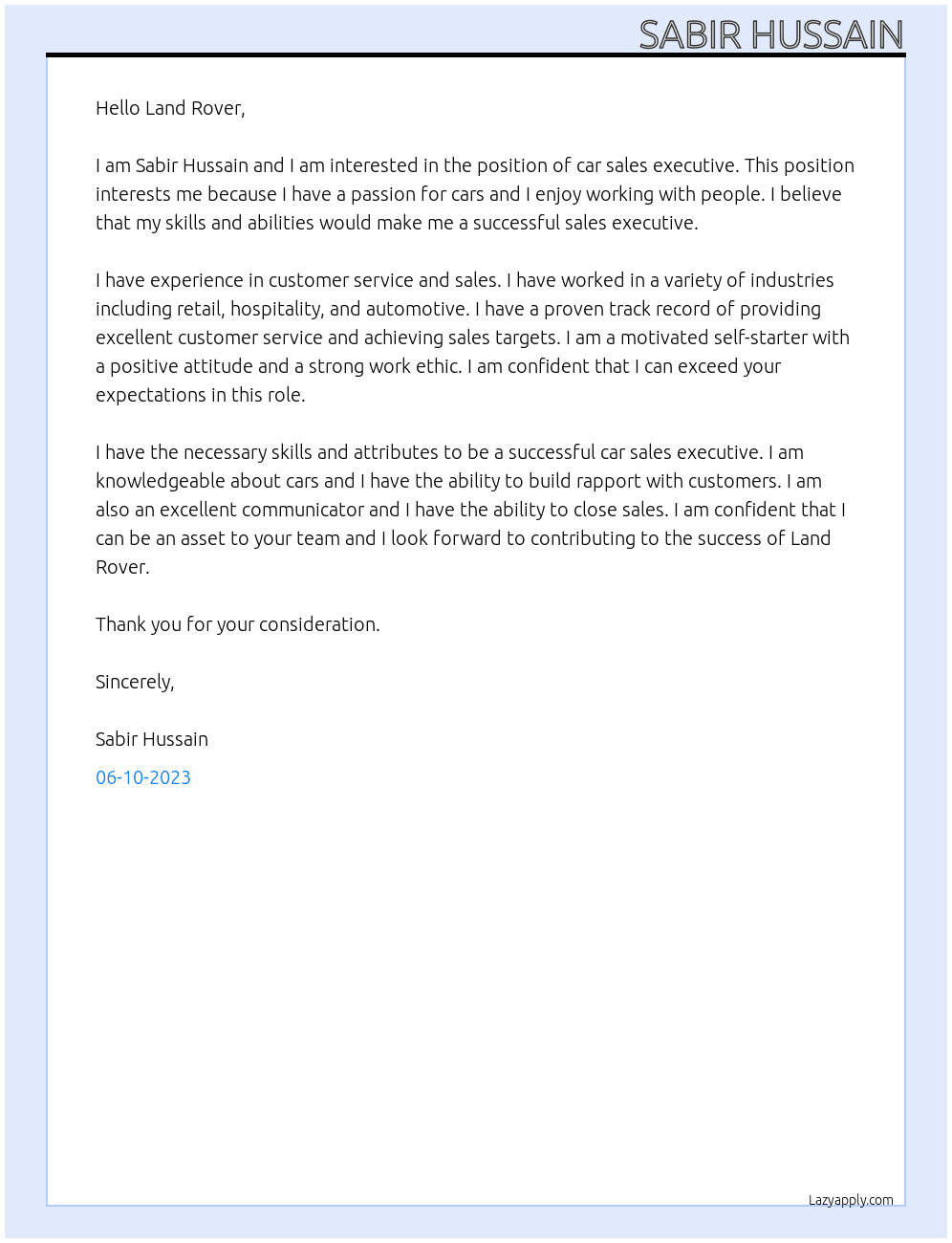 Car sales excective  At Land Rover Cover Letter