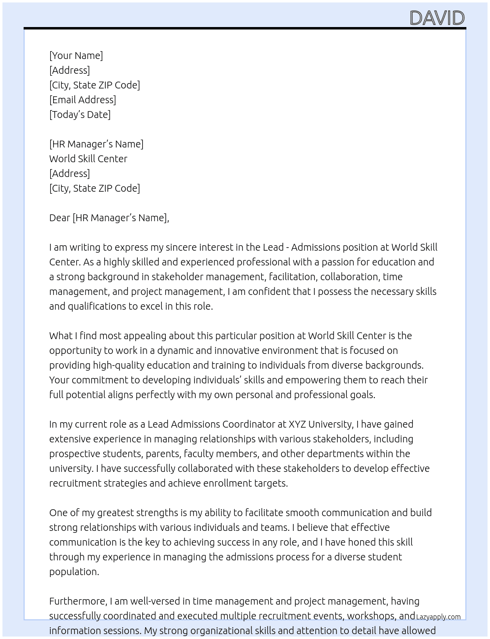 Lead - Admissions At World Skill Center Cover Letter