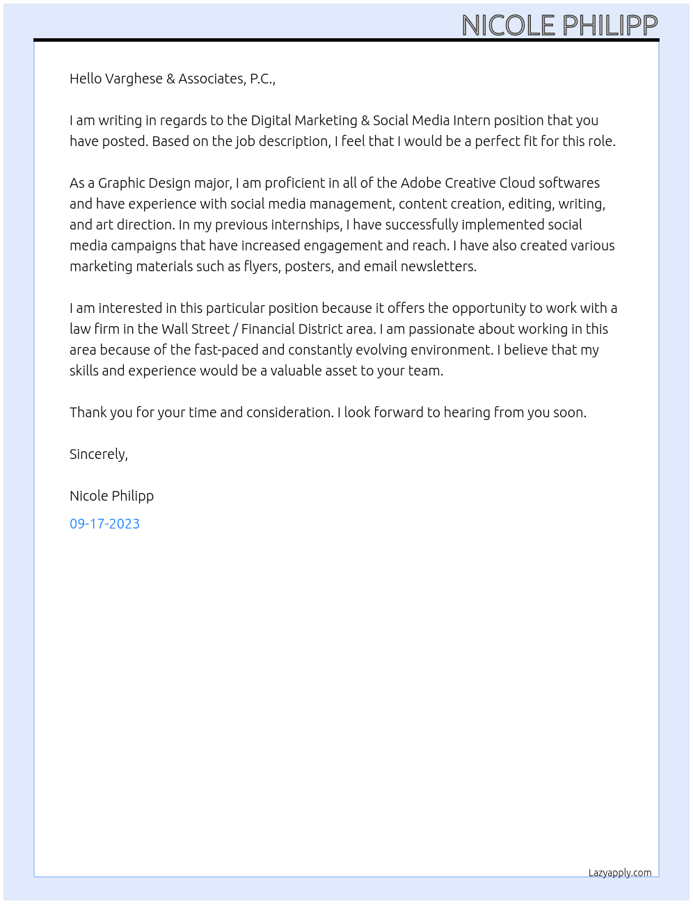 Digital Marketing & Social Media Intern At Varghese & Associates, P.C. Cover Letter