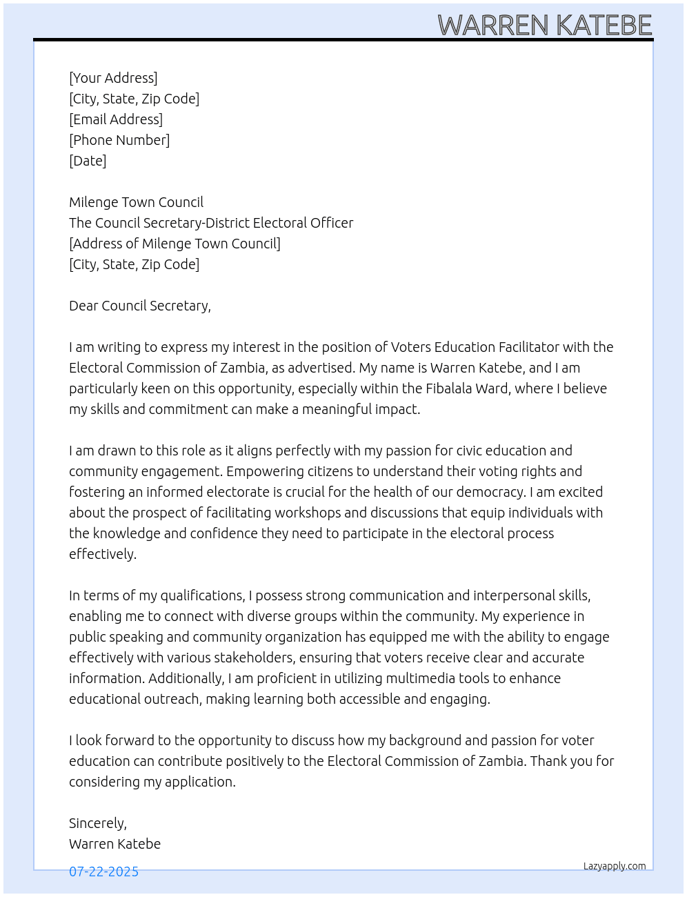 Voters education facilitator At Electoral commission of Zambia Cover Letter