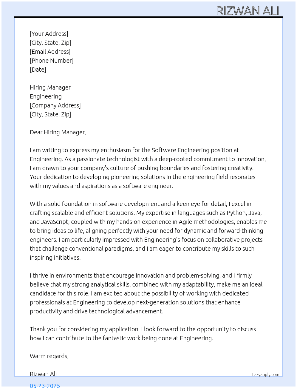 Software Engineering At Engineering Cover Letter