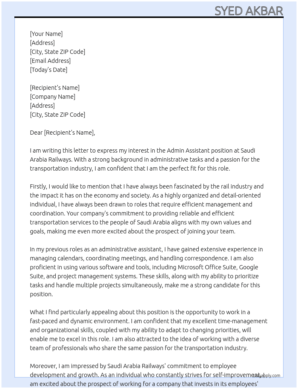 Admin Assitant At Saudi Arabia Railways Cover Letter