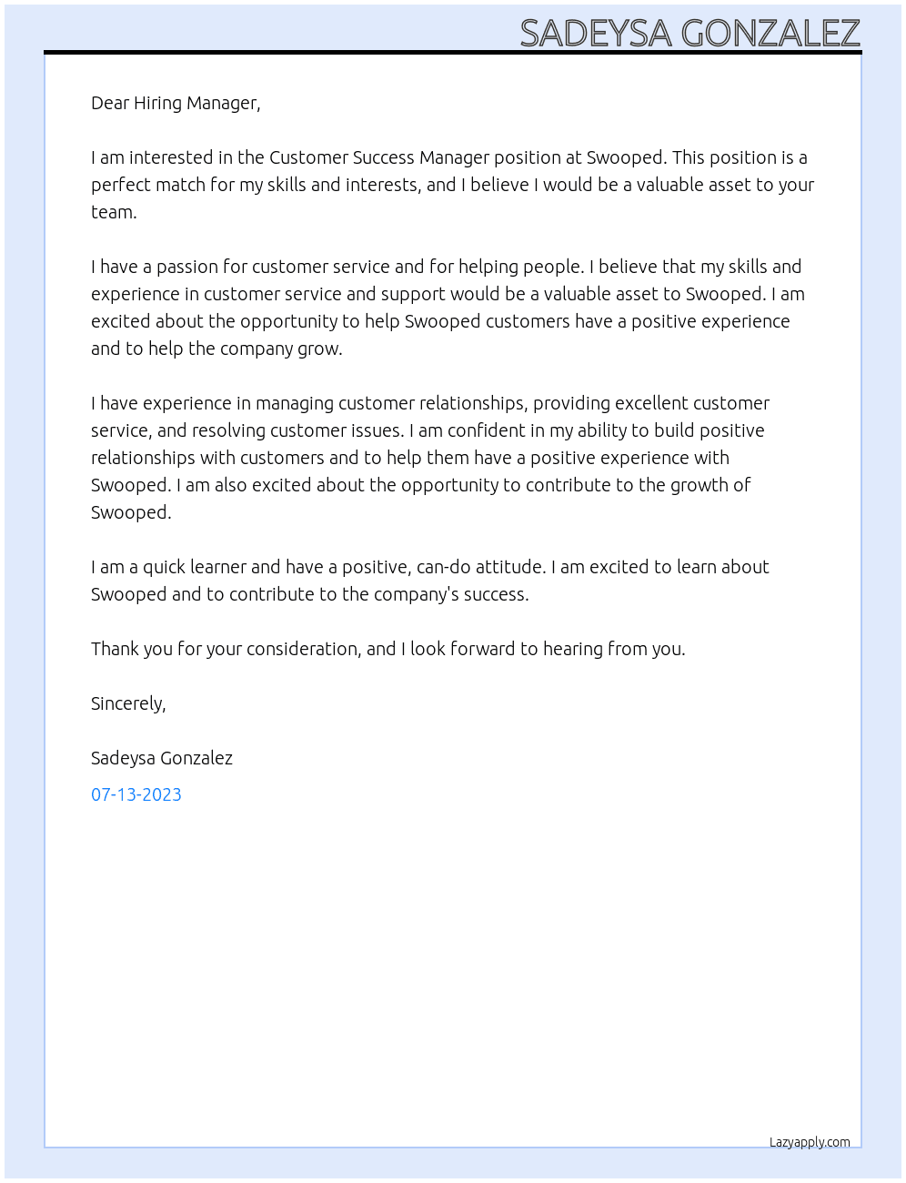 Customer Success Manager At Swooped Cover Letter