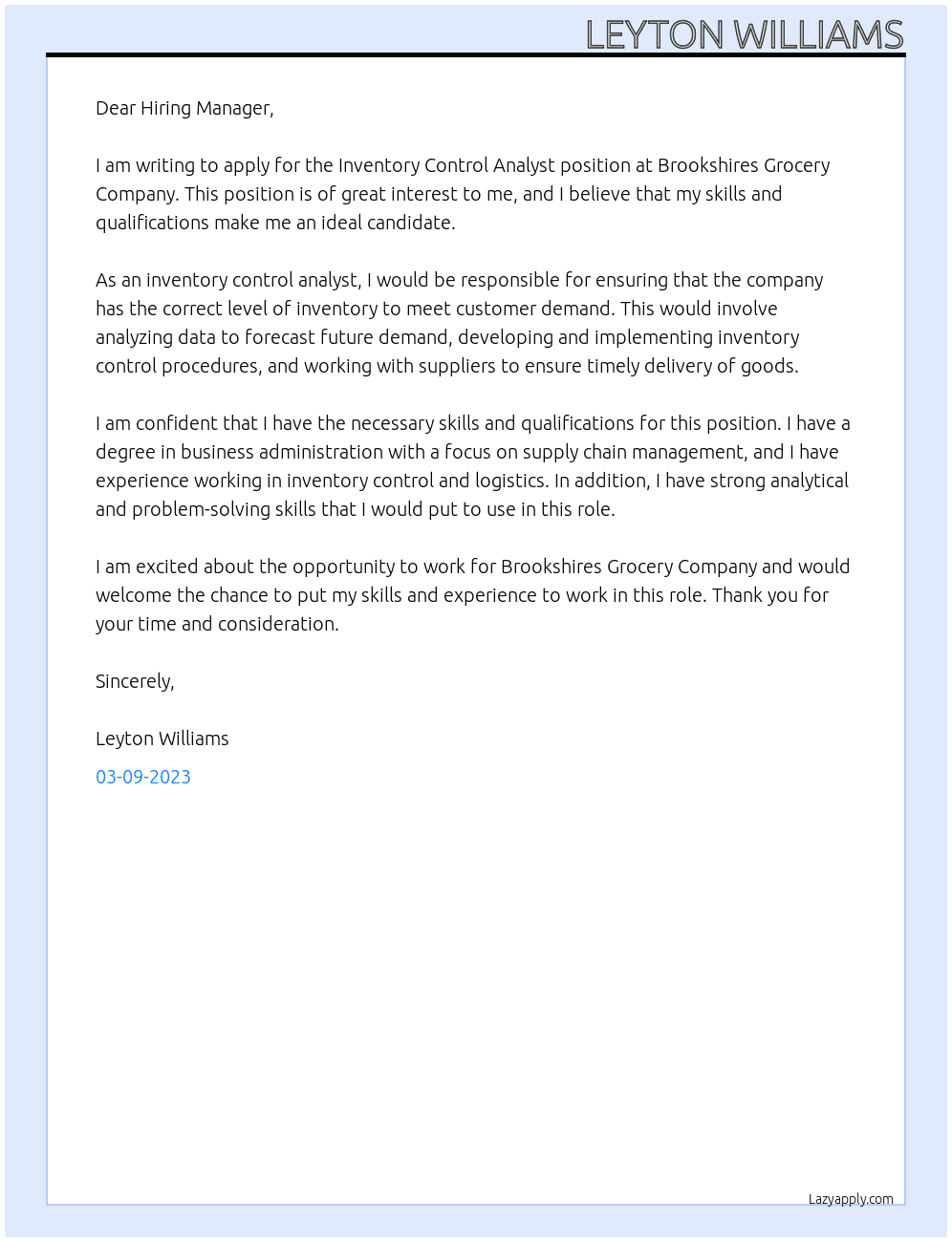 Inventory Control Analyst At Brookshires Grocery Company Cover Letter