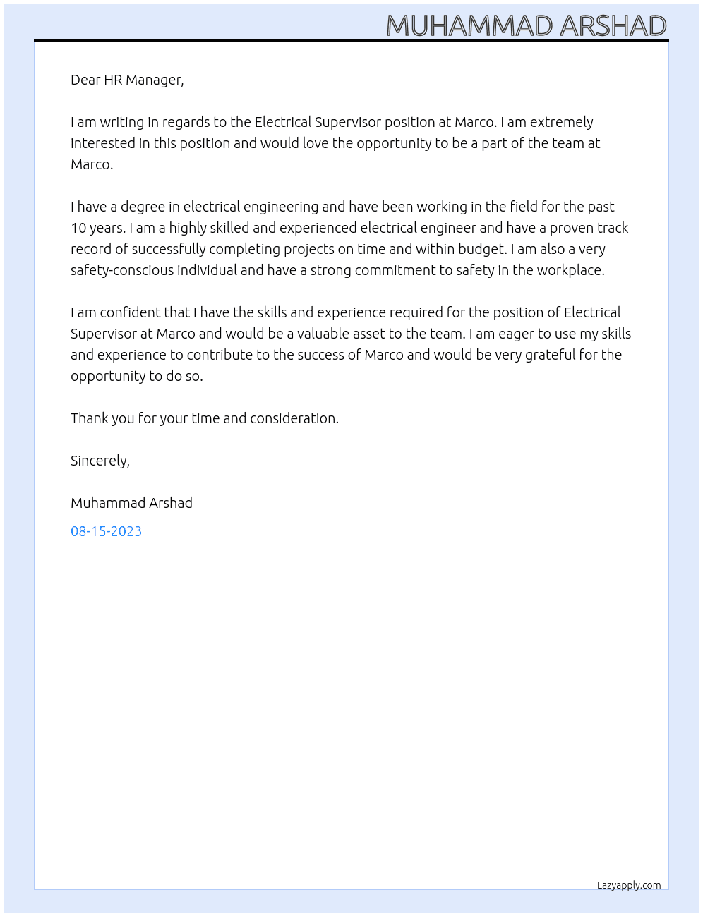 Electrical Supervisor At Marco Cover Letter